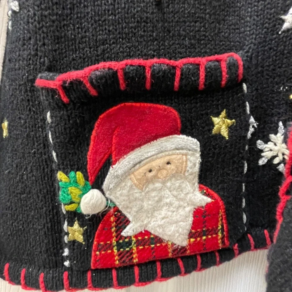 Vintage Ambria Women's Petite Med Cardigan Black Christmas Ugly‎ Sweater Beaded